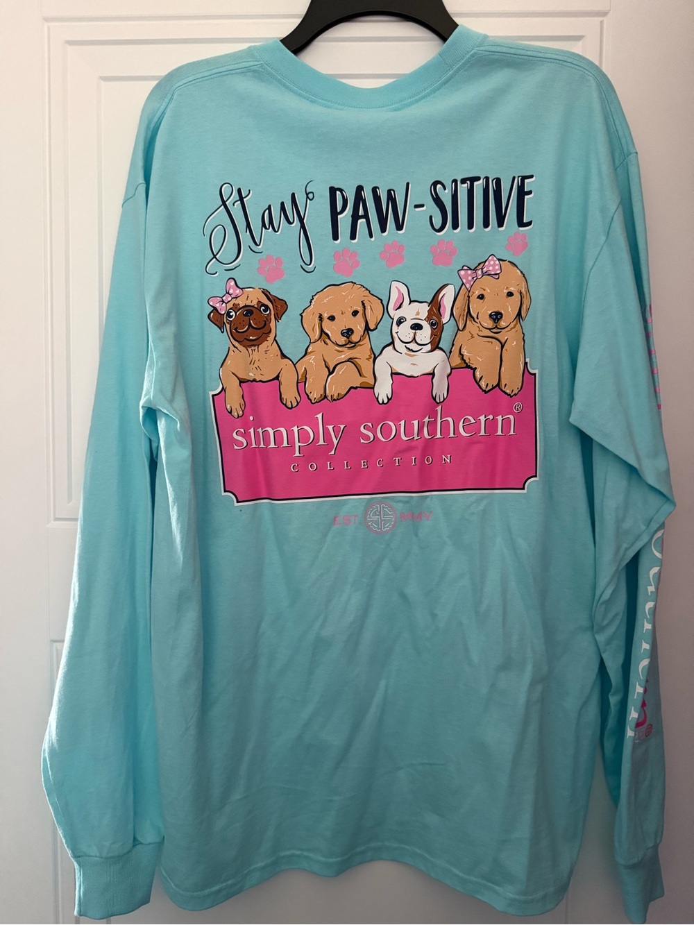 Simply Southern Light Blue Long Sleeve Tee with Pink Puppy Graphic